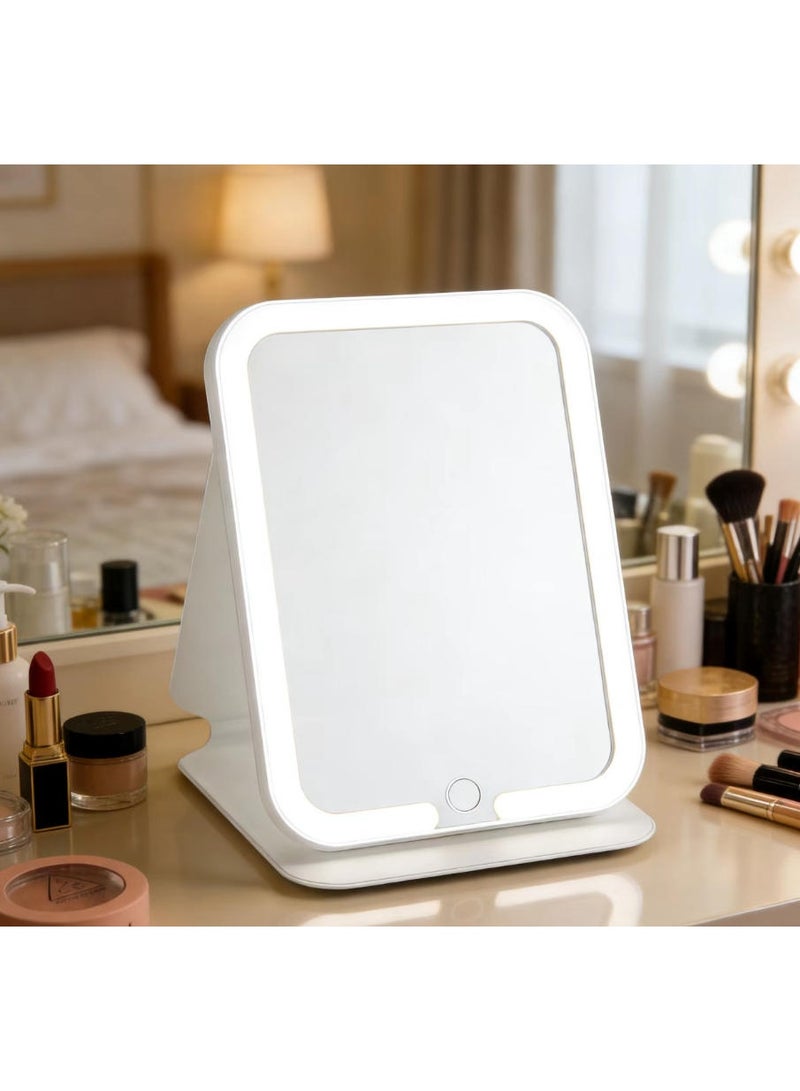 موردلي مرآة مكياج محمولة قابلة للطي مع إضاءة بثلاثة ألوان وخاصية التعتيم باللمس، مرآة مكياج يدوية ومكتبية للرجال والنساء والطلاب والسفر والاستخدام المنزلي (أبيض - كبير) - Image 1